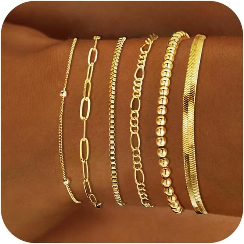 Gold Bracelets for Women Waterproof, 14K Real Gold Jewelry Sets Trendy Thin Dainty Stackable Cuban Link Paperclip Chain Bracelet Pack Fashion Accessories Gifts for Womens