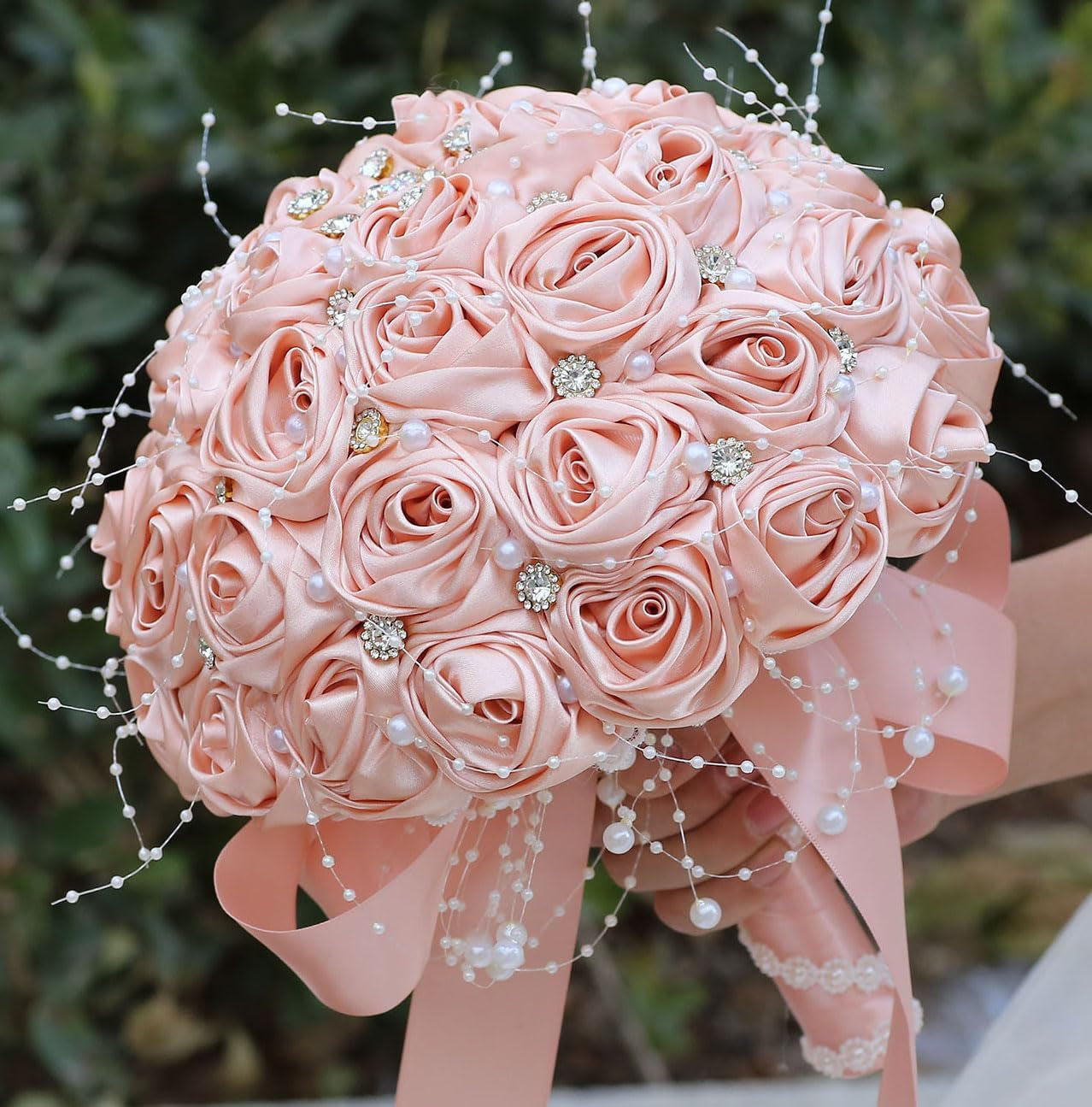 Bridal Wedding Bouquet round Bling Brooch Bouquet Throw Toss Artificial Rose Flower Bunch for Bride Bridesmaid Wedding Quinceanera(White & Black, 7.5")