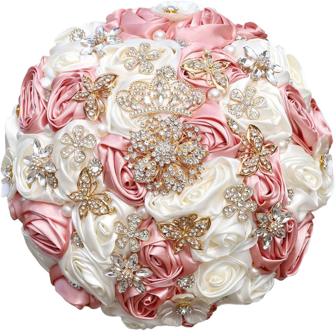 Handmade Wedding Flowers Bouquet round Holding Bridal Bouquet Artificial Satin Roses Bunch for Bride Bridesmaid Wedding Quinceanera