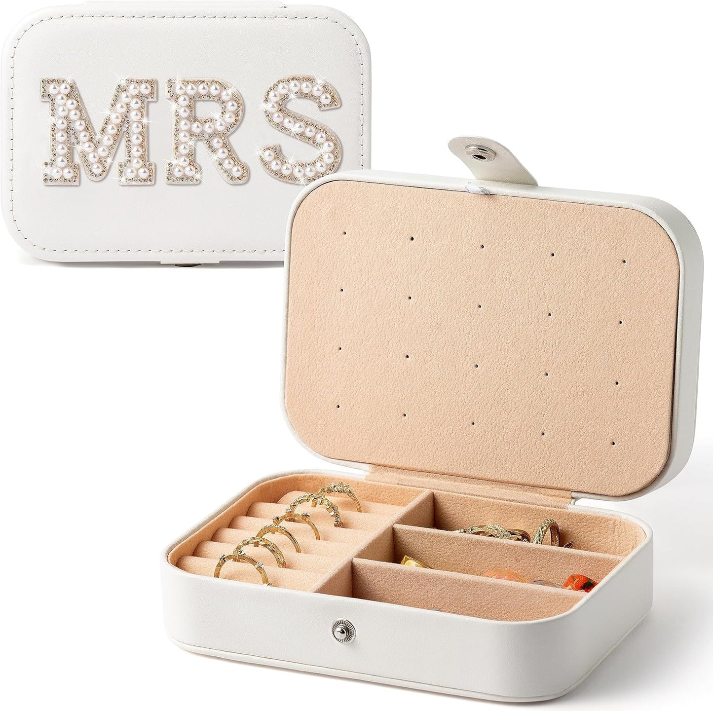 MRS Travel Jewelry Box for Bride Travel Portable Jewelry Case Small Jewelry Organizer Travel Accessories for Women, Bridal Shower Gift Engagement Present, White