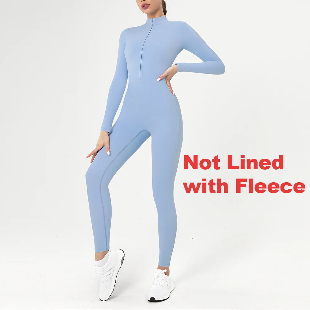 Women's Long-Sleeve Winter Fitness Jumpsuit - Zipper Workout Bodysuit Tracksuit