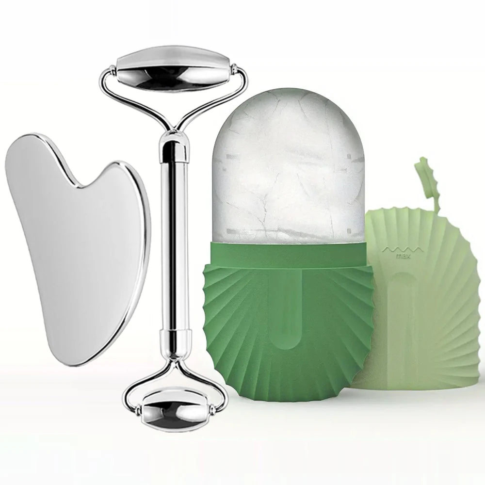 Ice Face Roller Skincare Set - Stainless Steel Facial Roller, Gua Sha Tool & Ice Mold Cube for Puffiness, Lifting, and Glow