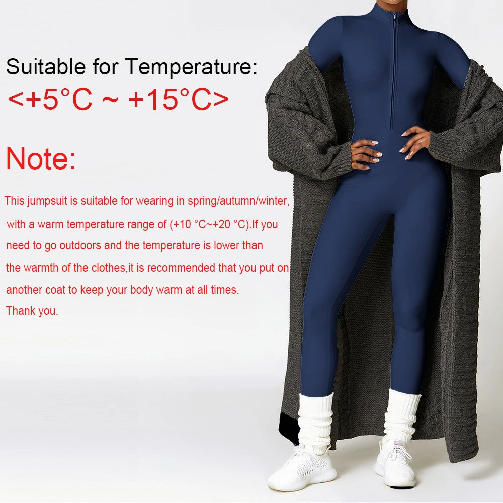 Women's Long-Sleeve Winter Fitness Jumpsuit - Zipper Workout Bodysuit Tracksuit
