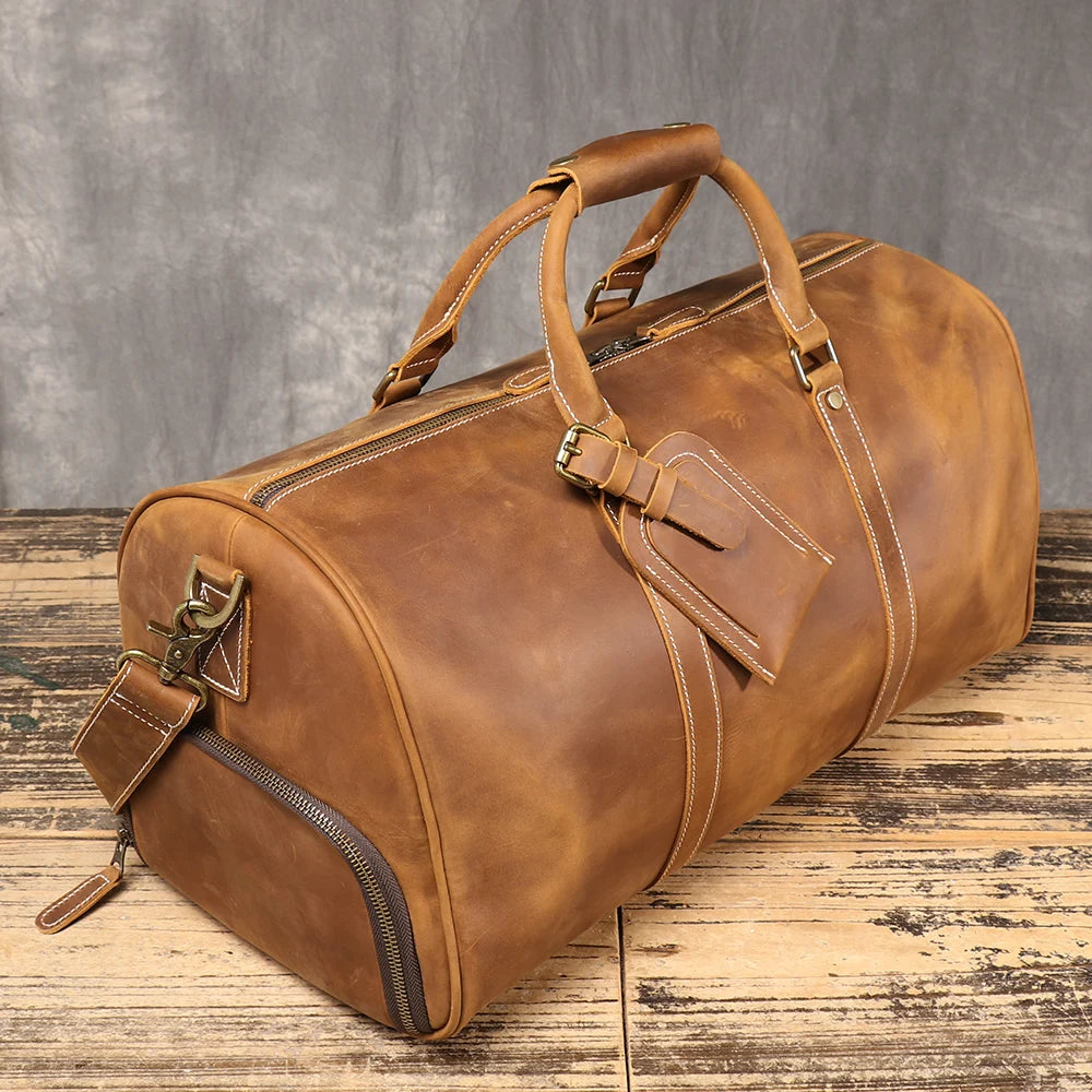 Unisex Crazy Horse Leather Crossbody Bag-Large Capacity Cowhide Handbag with Shoe Compartment, Dual-Use Travel Bag