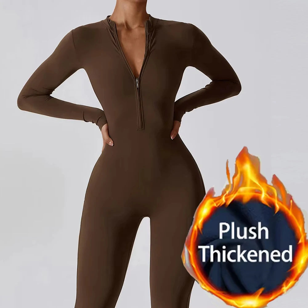 Women's Long-Sleeve Winter Fitness Jumpsuit - Zipper Workout Bodysuit Tracksuit