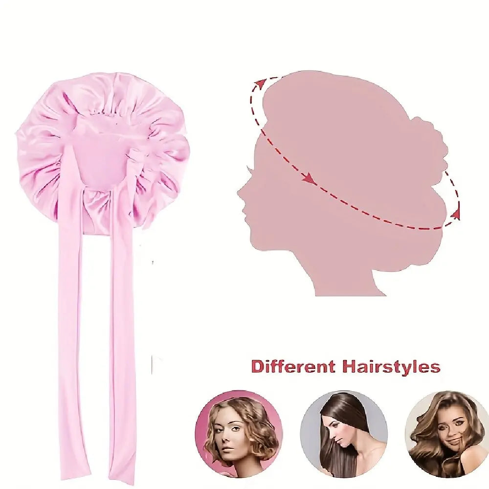 2PCS Satin Bonnets with Adjustable Tie Bands (Pink + Black) - Soft Night Sleep Caps for Women / Hair Care & Multi-Use Wraps