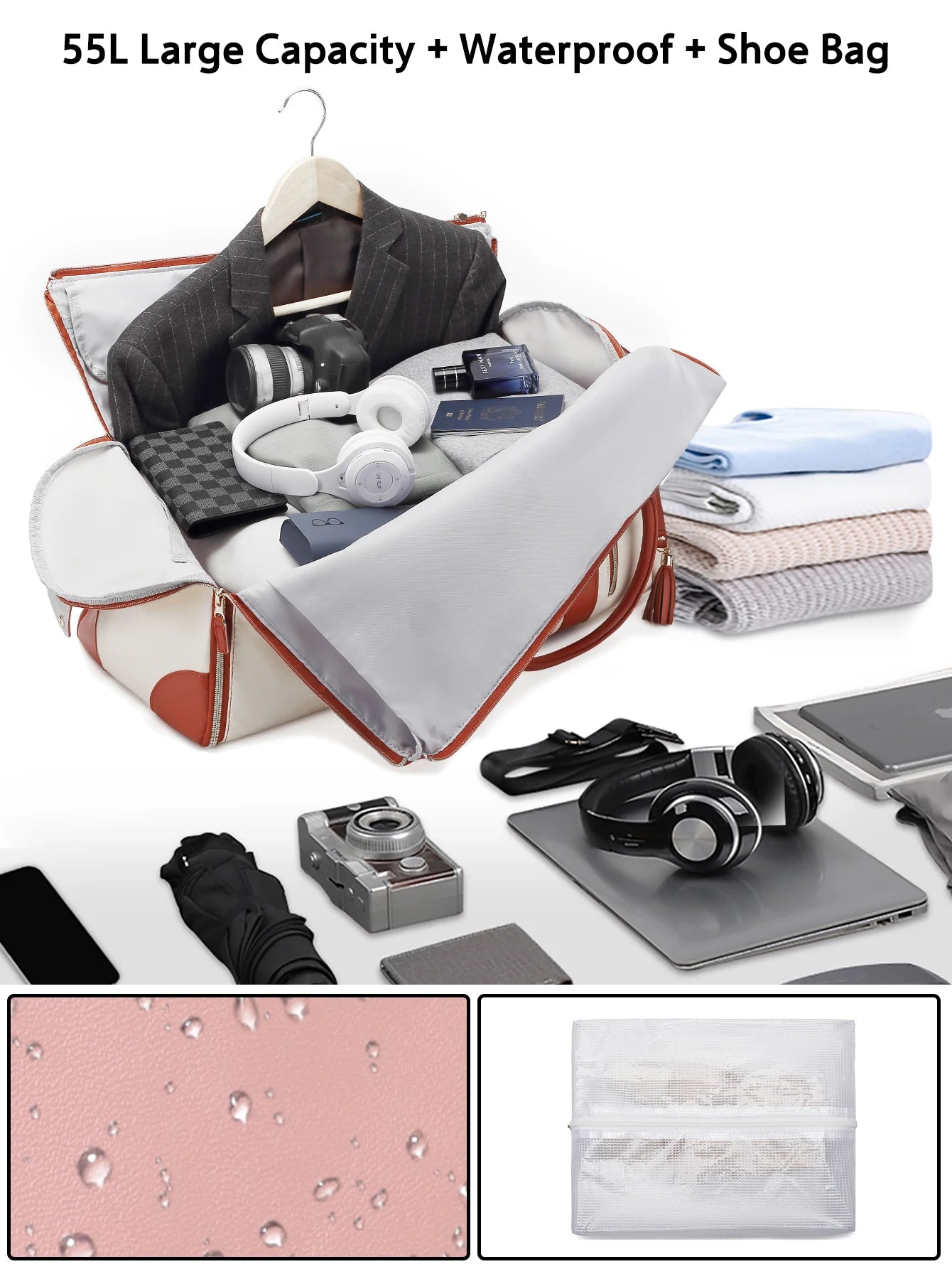 55L Travel Garment Bag-Weekender Carry On Luggage with Shoe Bag & Trolley Strap, Portable Suitcase for Business & Overnight Trips