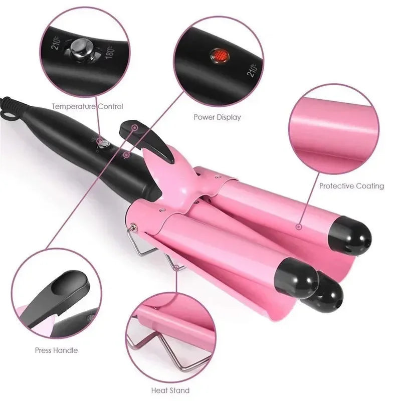 Professional Triple Barrel Ceramic Hair Curler - Waver Styling Tool for Beach Waves & Voluminous Curls / Hair Styler Wand