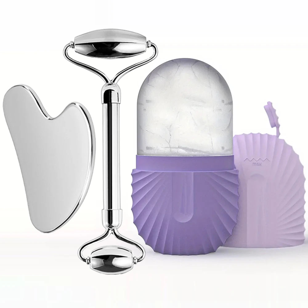 Ice Face Roller Skincare Set - Stainless Steel Facial Roller, Gua Sha Tool & Ice Mold Cube for Puffiness, Lifting, and Glow