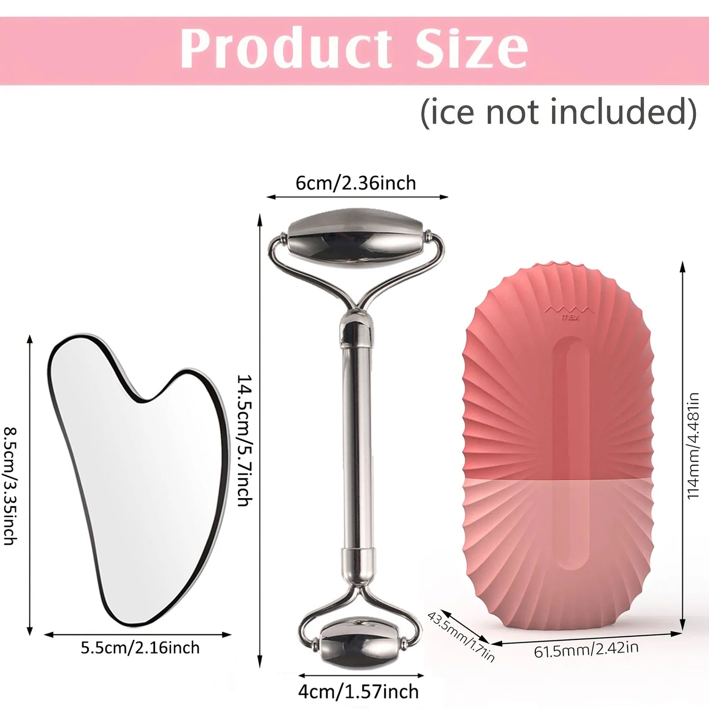 Ice Face Roller Skincare Set - Stainless Steel Facial Roller, Gua Sha Tool & Ice Mold Cube for Puffiness, Lifting, and Glow