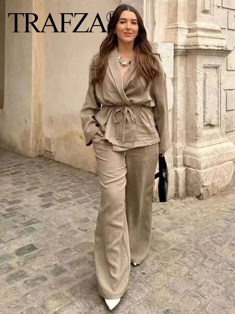 Women's Wide Leg Pants Suit Set - Fashion Lapel V-Neck Long Sleeve Blazer with Belt / Elegant Solid Color Outfit