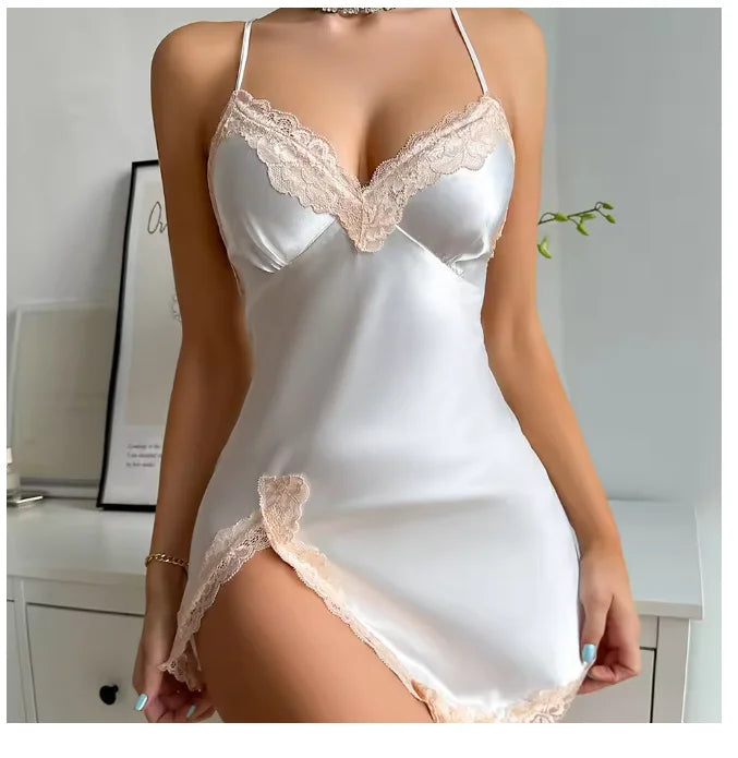 Women's White Satin Lace Nightgown - Backless Mini Lingerie Sleepwear