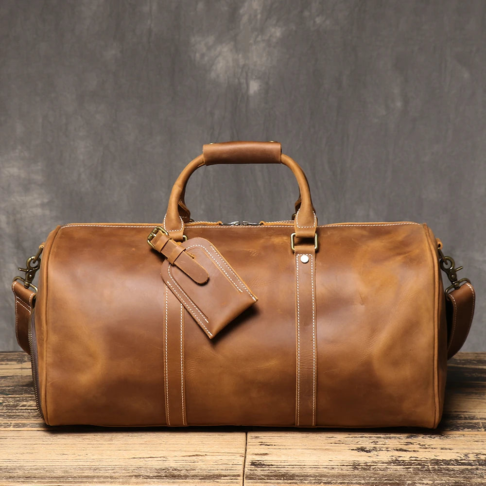 Unisex Crazy Horse Leather Crossbody Bag-Large Capacity Cowhide Handbag with Shoe Compartment, Dual-Use Travel Bag