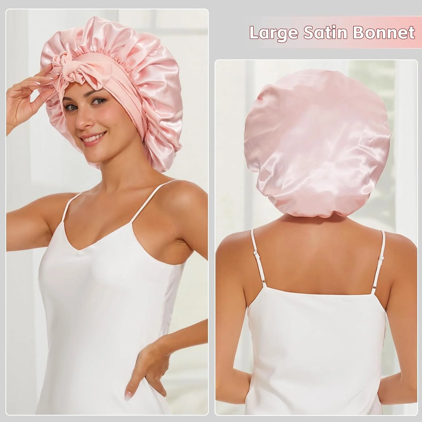 2PCS Satin Bonnets with Adjustable Tie Bands (Pink + Black) - Soft Night Sleep Caps for Women / Hair Care & Multi-Use Wraps
