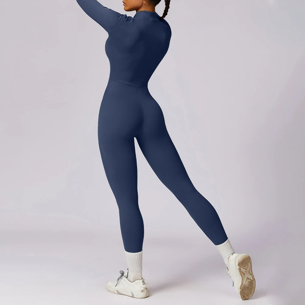 Women's Long-Sleeve Winter Fitness Jumpsuit - Zipper Workout Bodysuit Tracksuit