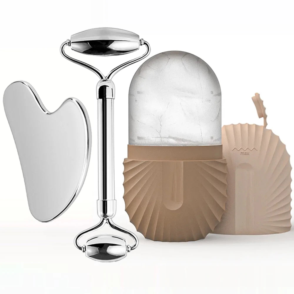 Ice Face Roller Skincare Set - Stainless Steel Facial Roller, Gua Sha Tool & Ice Mold Cube for Puffiness, Lifting, and Glow
