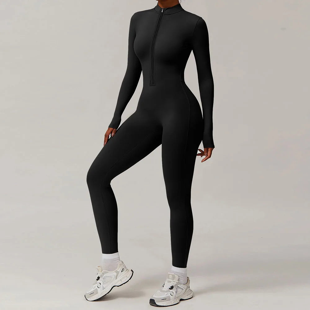 Women's Long-Sleeve Winter Fitness Jumpsuit - Zipper Workout Bodysuit Tracksuit