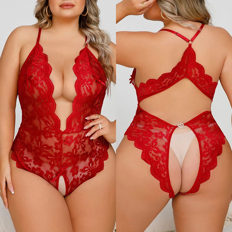 Plus Size Lace Crotchless Lingerie - Deep V Teddy Body Suit & Babydoll Dress