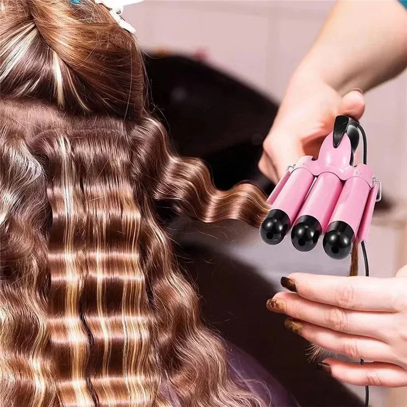 Professional Triple Barrel Ceramic Hair Curler - Waver Styling Tool for Beach Waves & Voluminous Curls / Hair Styler Wand