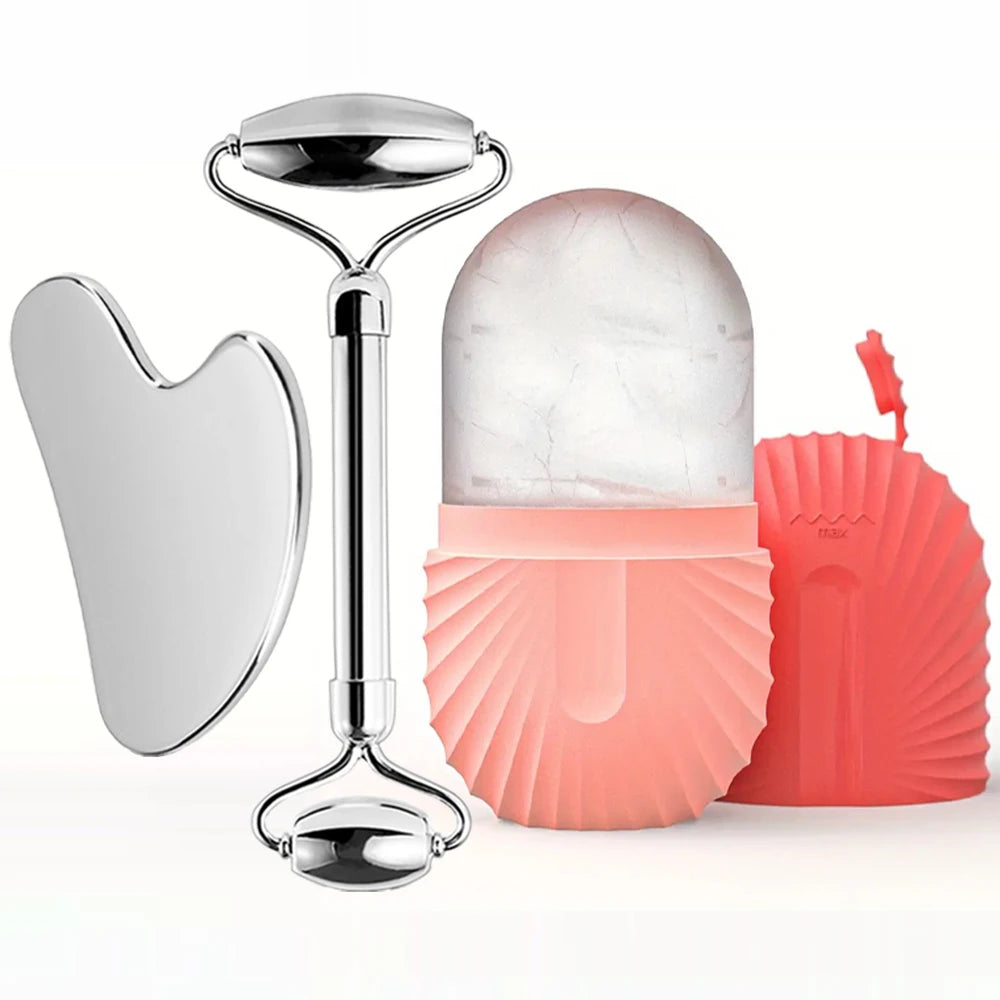 Ice Face Roller Skincare Set - Stainless Steel Facial Roller, Gua Sha Tool & Ice Mold Cube for Puffiness, Lifting, and Glow