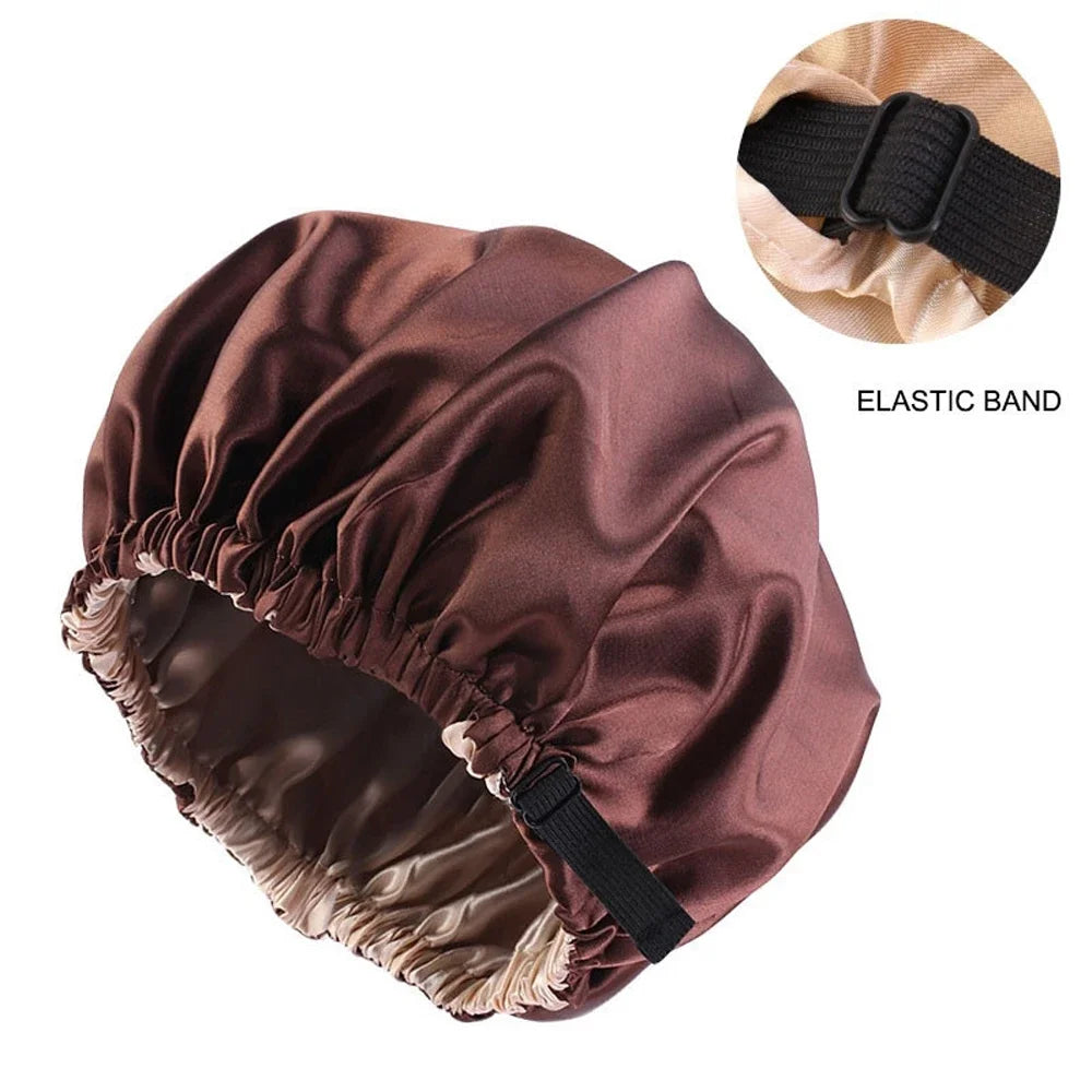 Satin Sleep Cap with Invisible Fit & Adjustable Button - Flat Limitation Silk Night Hat for Women / Hair Care Headwear for Sleeping or Ceremony