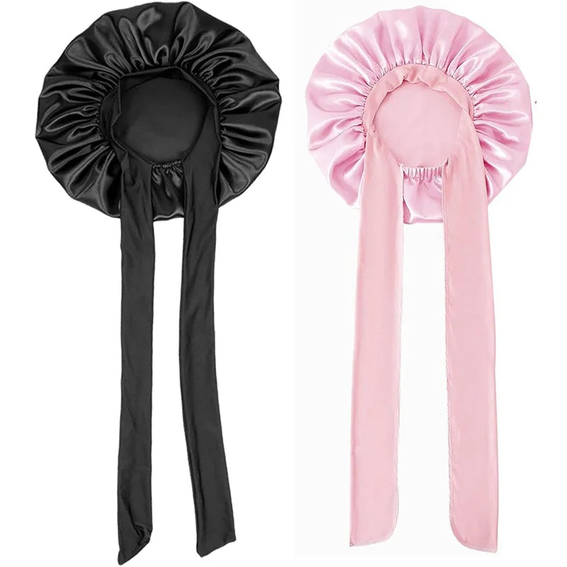 2PCS Satin Bonnets with Adjustable Tie Bands (Pink + Black) - Soft Night Sleep Caps for Women / Hair Care & Multi-Use Wraps