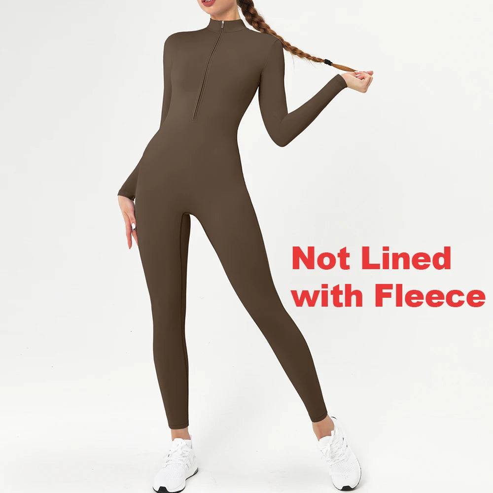 Women's Long-Sleeve Winter Fitness Jumpsuit - Zipper Workout Bodysuit Tracksuit