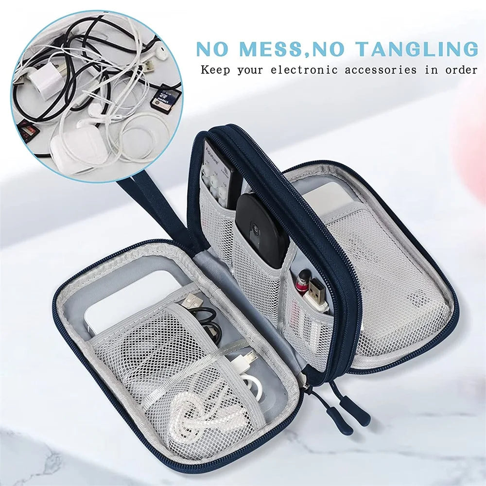 Travel Electronics Organizer Case - Waterproof Double Layer Cable Storage Bag for Cords, Chargers, Power Banks, Hard Drives, Tech Accessories