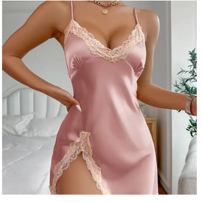 Women's White Satin Lace Nightgown - Backless Mini Lingerie Sleepwear