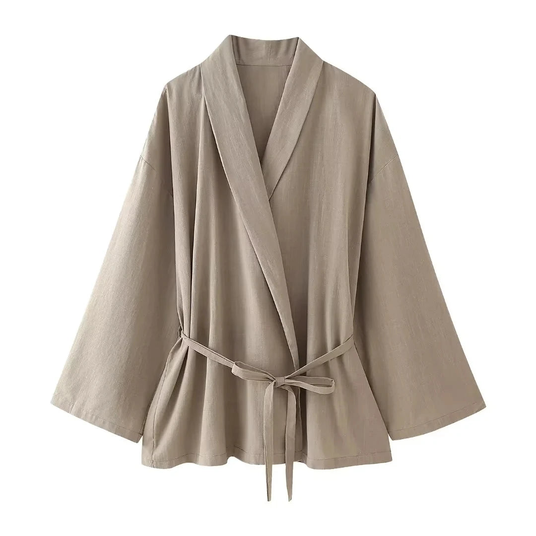 Women's Wide Leg Pants Suit Set - Fashion Lapel V-Neck Long Sleeve Blazer with Belt / Elegant Solid Color Outfit