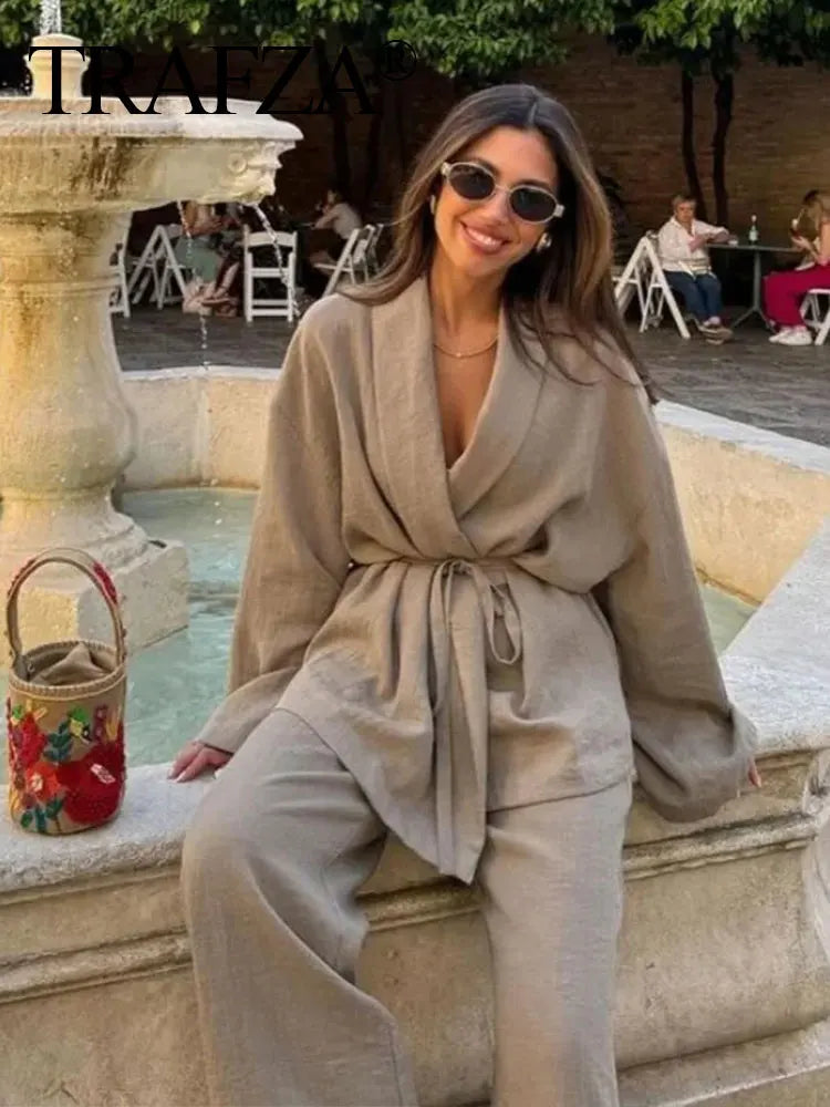 Women's Wide Leg Pants Suit Set - Fashion Lapel V-Neck Long Sleeve Blazer with Belt / Elegant Solid Color Outfit
