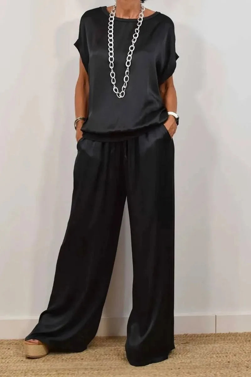 Women's Satin two Piece Set - Casual Loose O-Neck Short Sleeve T-Shirt & Wide Leg Pants Outfit for Spring Summer