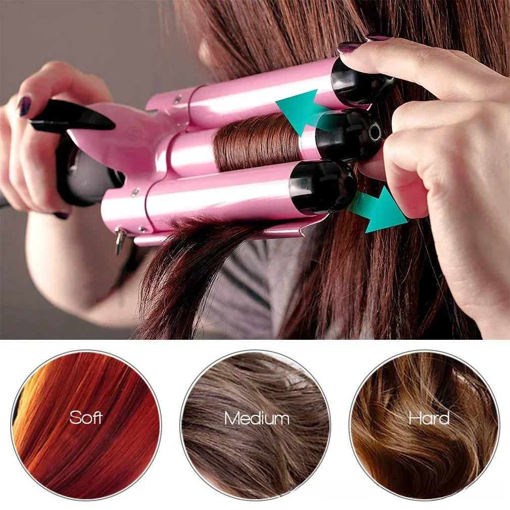 Professional Triple Barrel Ceramic Hair Curler - Waver Styling Tool for Beach Waves & Voluminous Curls / Hair Styler Wand