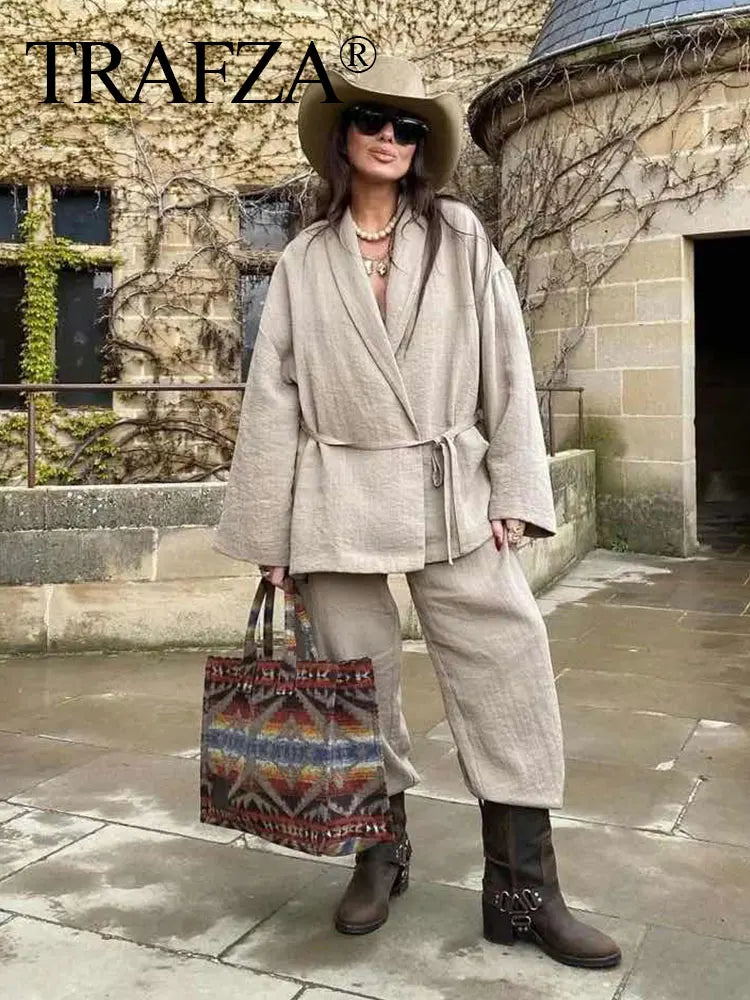 Women's Wide Leg Pants Suit Set - Fashion Lapel V-Neck Long Sleeve Blazer with Belt / Elegant Solid Color Outfit