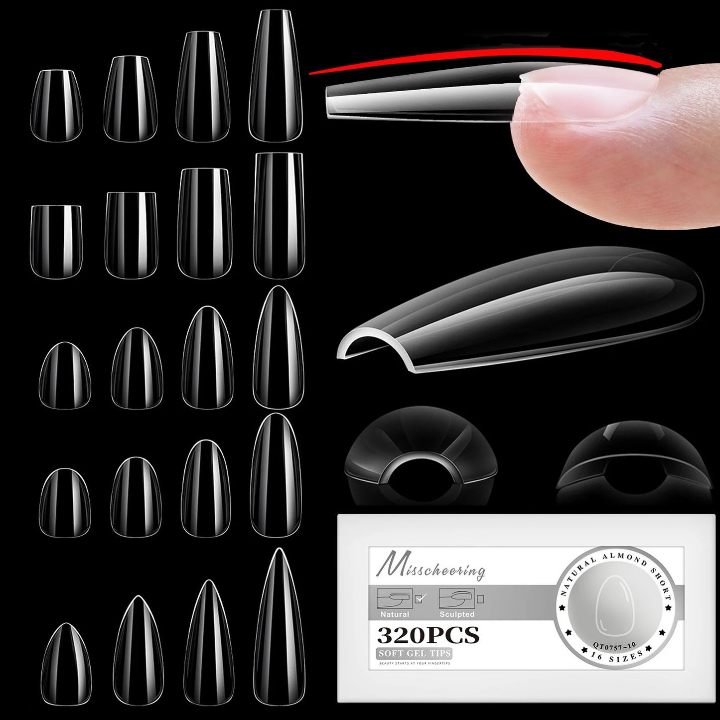 16 Sizes Soft Gel Nail Tips - Curved Full Cover French Almond & Coffin Shapes ? Press-On Fake Nail Extensions for DIY Manicure