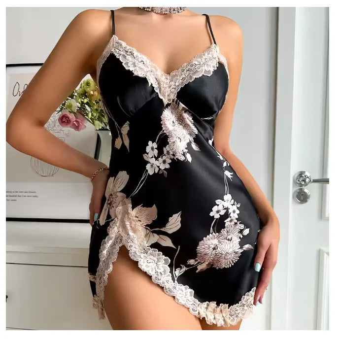 Women's White Satin Lace Nightgown - Backless Mini Lingerie Sleepwear