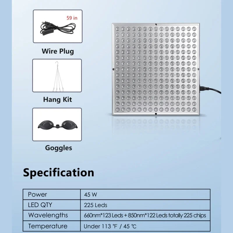 45W Red Light Therapy Panel - 225 LED Infrared Lamp for Anti-Aging Skin Care & Body Pain Relief