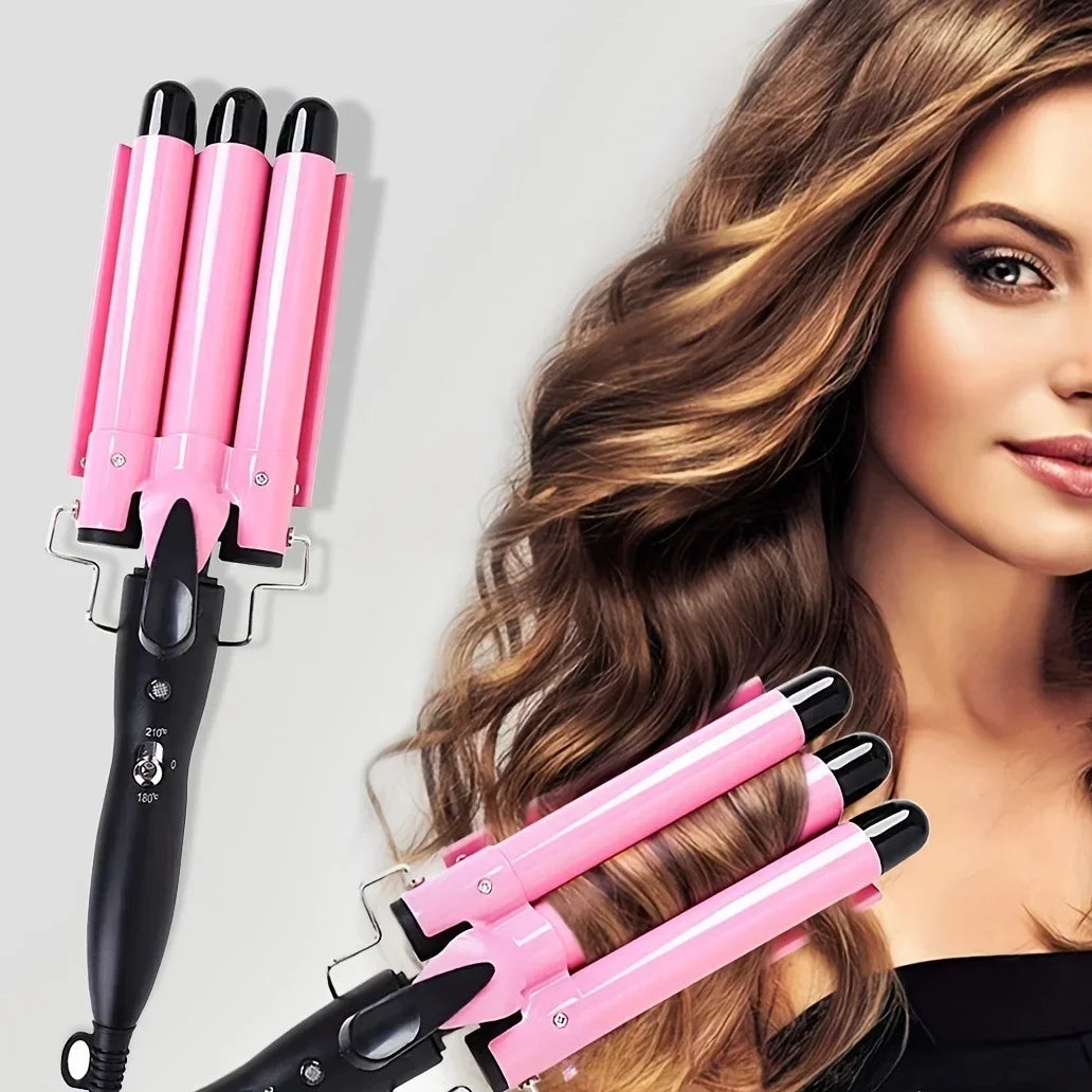 Professional Triple Barrel Ceramic Hair Curler - Waver Styling Tool for Beach Waves & Voluminous Curls / Hair Styler Wand