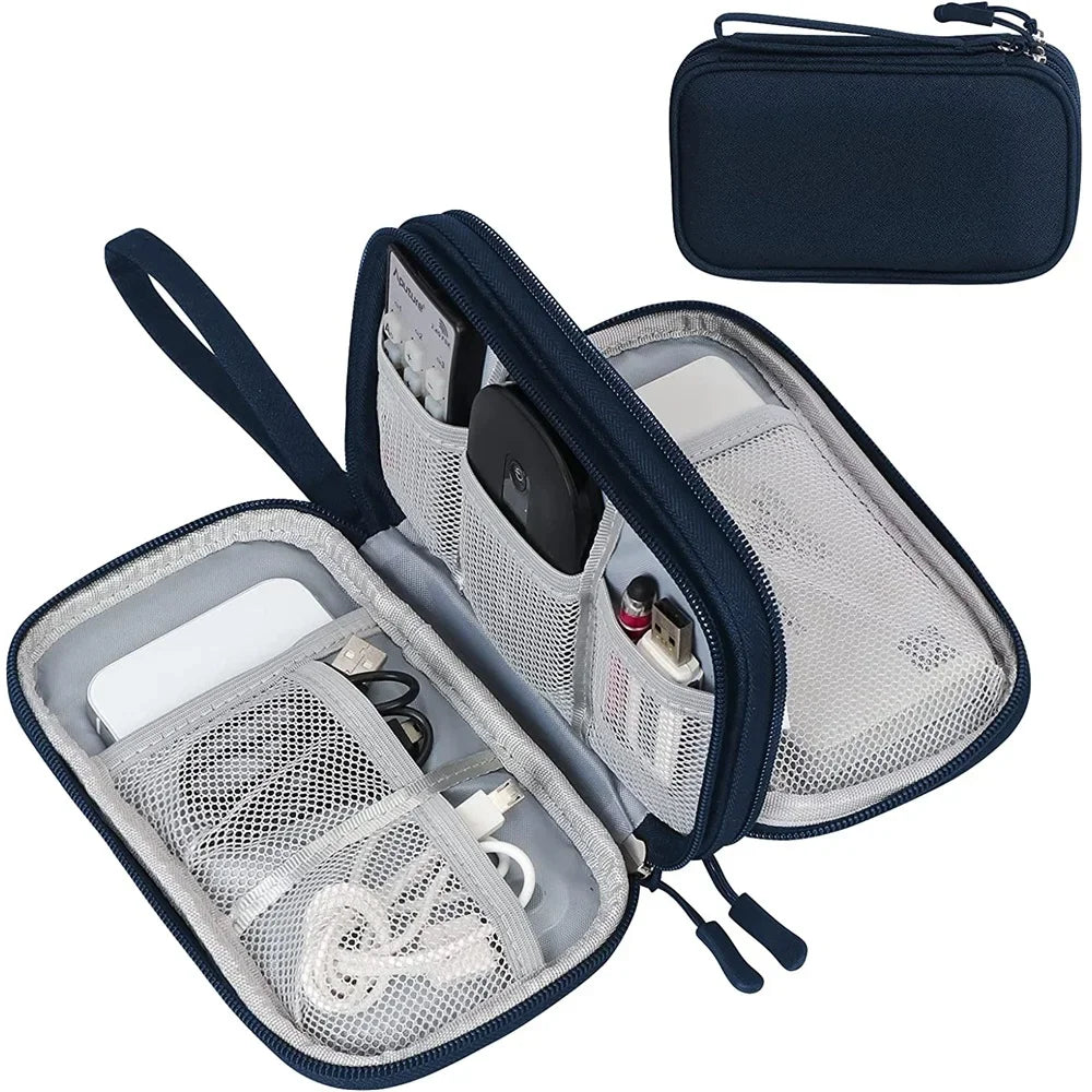 Travel Electronics Organizer Case - Waterproof Double Layer Cable Storage Bag for Cords, Chargers, Power Banks, Hard Drives, Tech Accessories