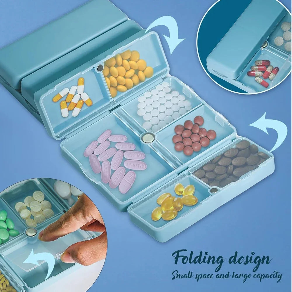 Magnetic Foldable Weekly Pill Organizer - 7-Compartment Portable Pill Case for Vitamins & Medication - Pocket & Purse-Friendly Travel Pill Box