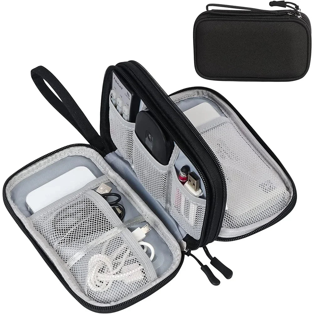 Travel Electronics Organizer Case - Waterproof Double Layer Cable Storage Bag for Cords, Chargers, Power Banks, Hard Drives, Tech Accessories