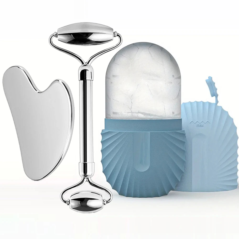 Ice Face Roller Skincare Set - Stainless Steel Facial Roller, Gua Sha Tool & Ice Mold Cube for Puffiness, Lifting, and Glow
