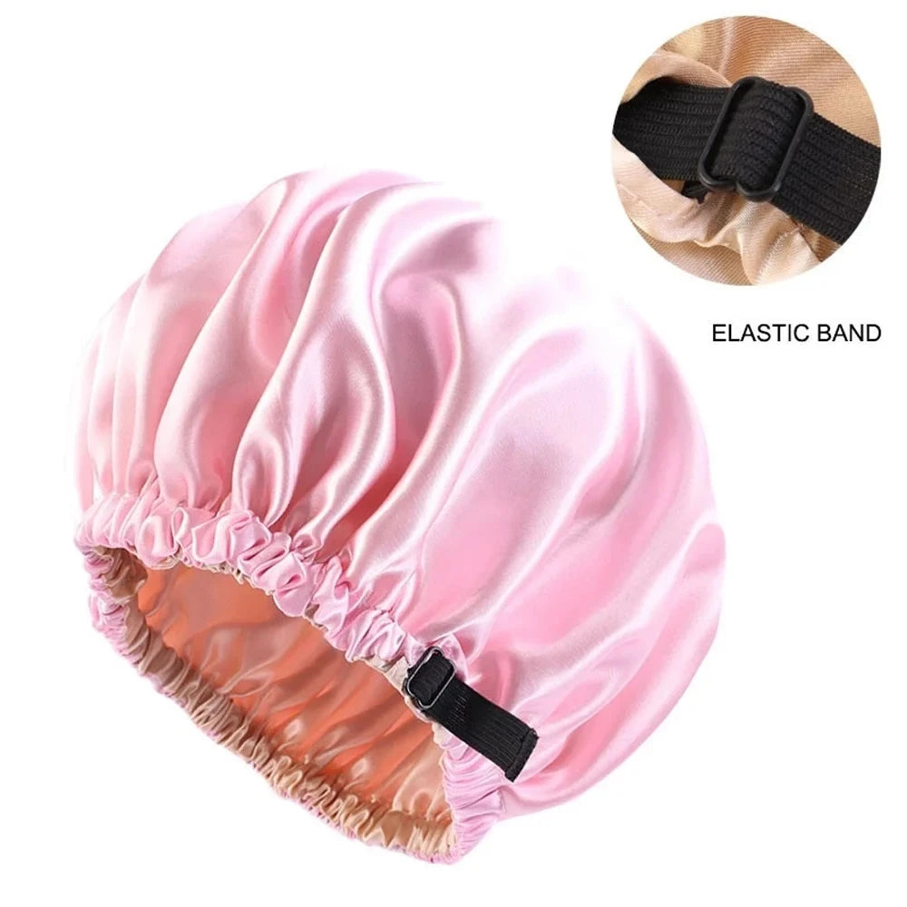 Satin Sleep Cap with Invisible Fit & Adjustable Button - Flat Limitation Silk Night Hat for Women / Hair Care Headwear for Sleeping or Ceremony