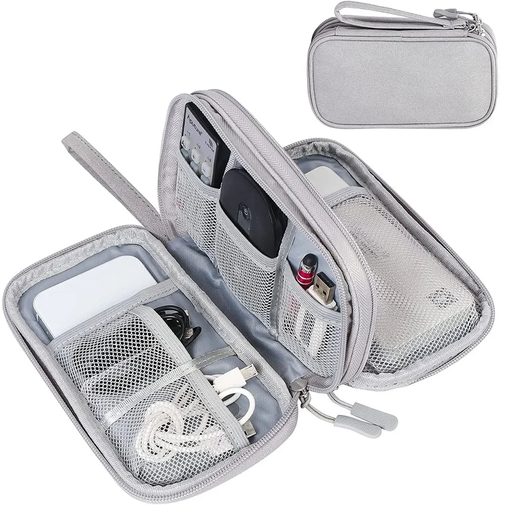 Travel Electronics Organizer Case - Waterproof Double Layer Cable Storage Bag for Cords, Chargers, Power Banks, Hard Drives, Tech Accessories