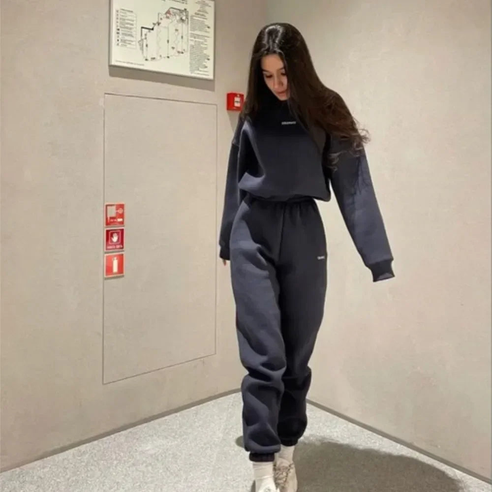 Women's Casual Sports Suit 2 Piece Set - Solid Color Warm Hoddie + Pants / Fashion Jogger Outfit Tracksuit