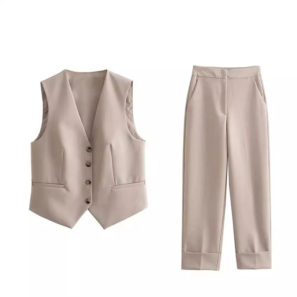 Women's Suit Set - Khaki Vest & High Waisted Straight Leg Pants, Chic Two Piece Outfit for Autumn Fashion
