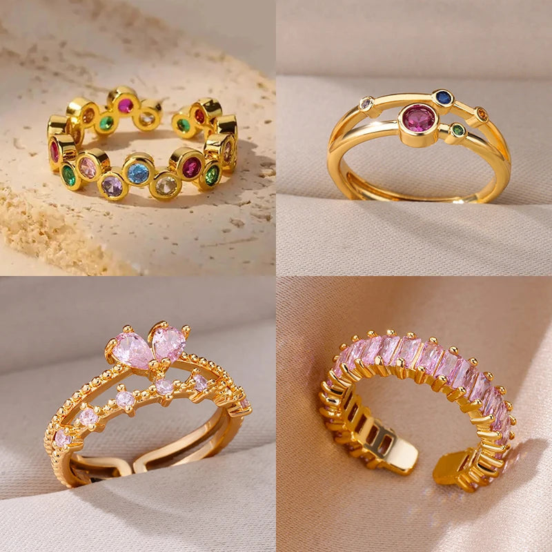 Pink-Gold Tone Rings for Women - Waterproof Stainless Steel Aesthetic Wedding Costume Jewelry