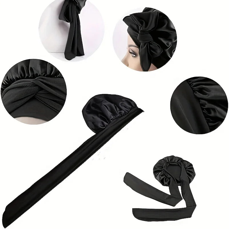 2PCS Satin Bonnets with Adjustable Tie Bands (Pink + Black) - Soft Night Sleep Caps for Women / Hair Care & Multi-Use Wraps