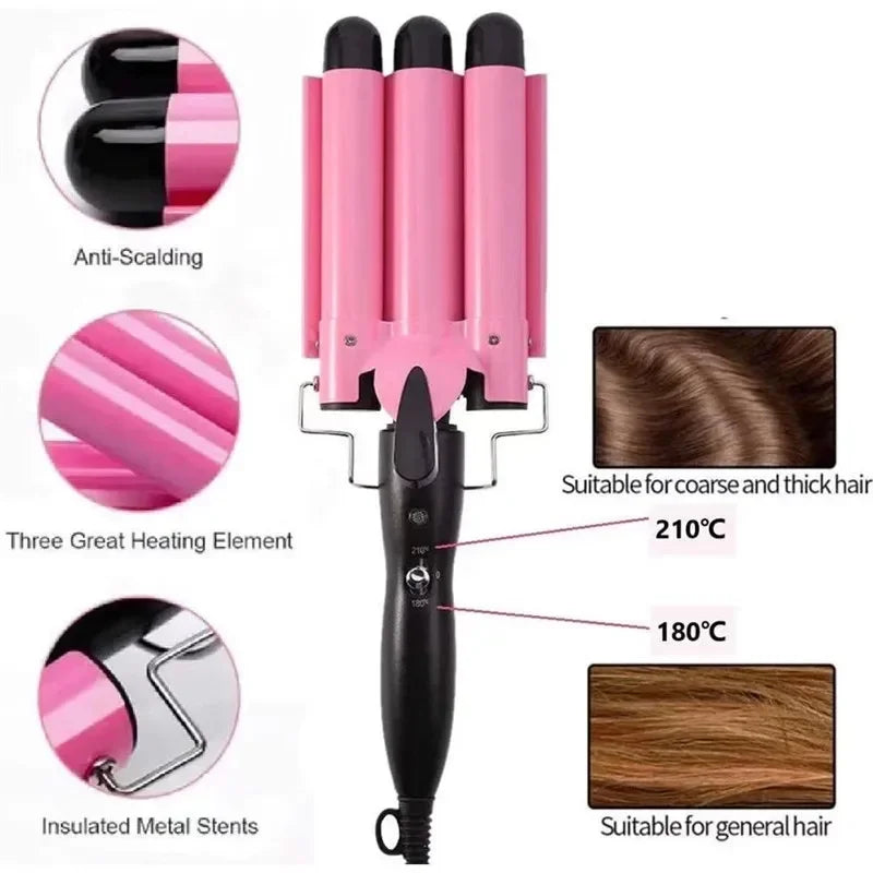 Professional Triple Barrel Ceramic Hair Curler - Waver Styling Tool for Beach Waves & Voluminous Curls / Hair Styler Wand