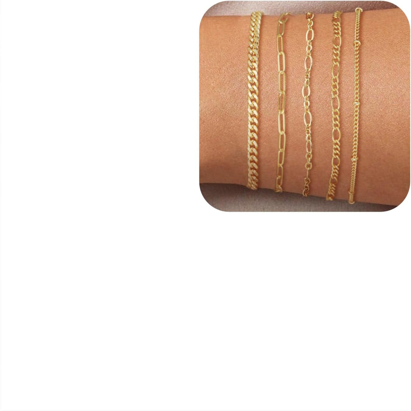 Gold Bracelets for Women Waterproof, 14K Real Gold Jewelry Sets Trendy Thin Dainty Stackable Cuban Link Paperclip Chain Bracelet Pack Fashion Accessories Gifts for Womens